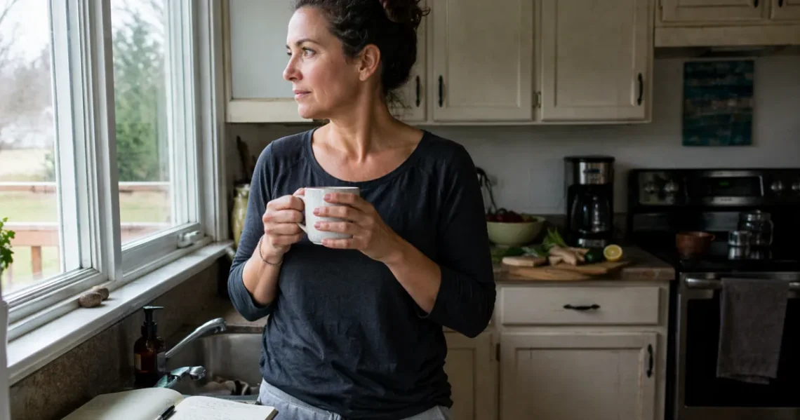 woman standing in kitchen looking out window holding coffee thinking about health changes