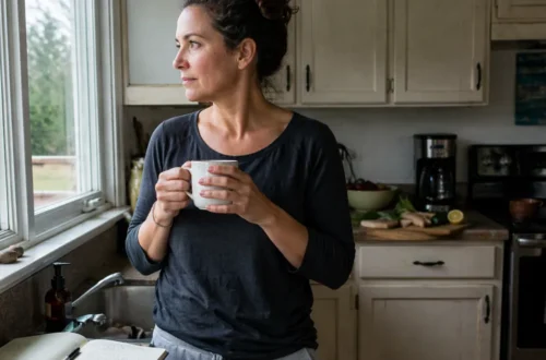 woman standing in kitchen looking out window holding coffee thinking about health changes