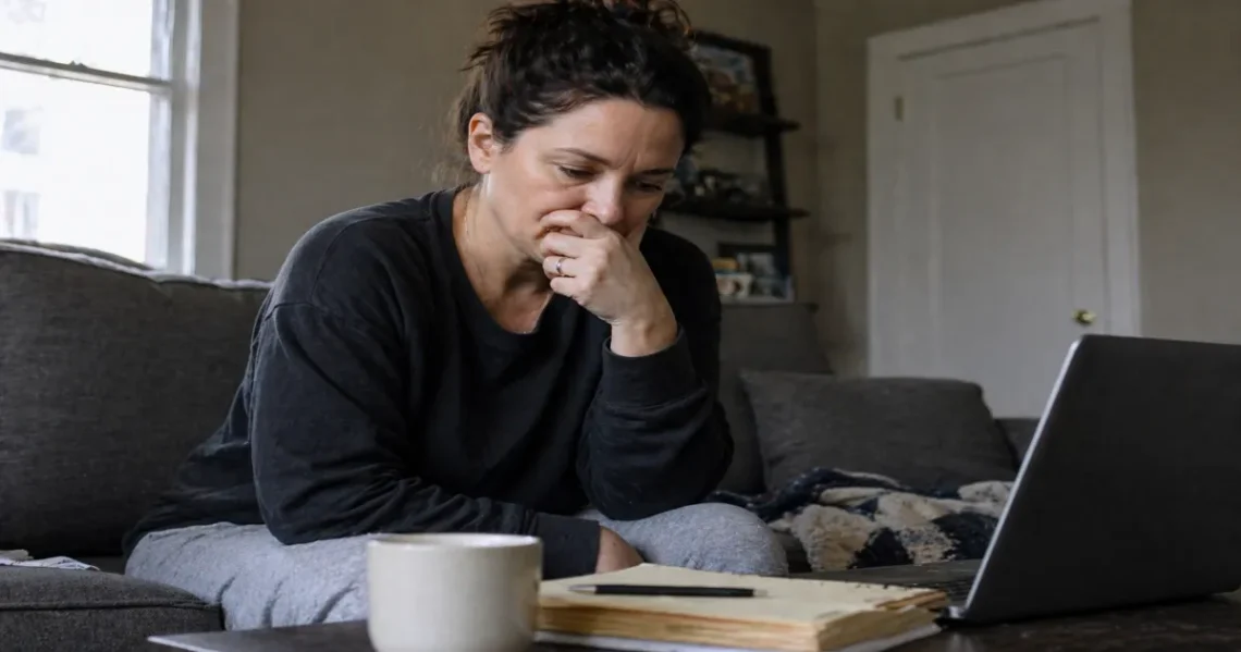 Woman sitting on a couch looking stressed while thinking with a notebook and laptop nearby, representing difficulty with change and decision-making