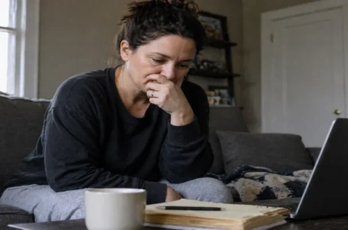 Woman sitting on a couch looking stressed while thinking with a notebook and laptop nearby, representing difficulty with change and decision-making