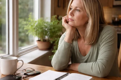 Woman sitting at kitchen table looking out window while thinking, reflecting uncertainty and waiting for answers