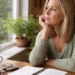 Woman sitting at kitchen table looking out window while thinking, reflecting uncertainty and waiting for answers