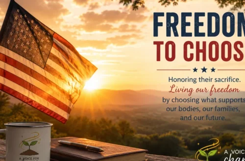 American flag at sunrise with a rustic table, journal, and freedom to choose message for Donna Appel’s MAHA Monday reflection on whole body health and resilience