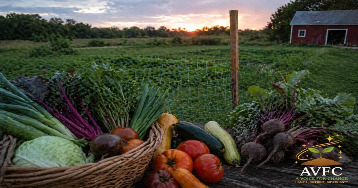 Fresh vegetables from a local farm displayed in a basket at sunset, representing how food sourcing impacts health and nutrient quality
