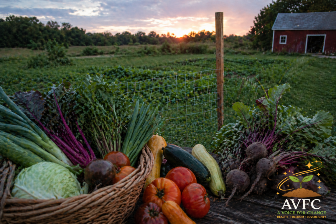 Fresh vegetables from a local farm displayed in a basket at sunset, representing how food sourcing impacts health and nutrient quality