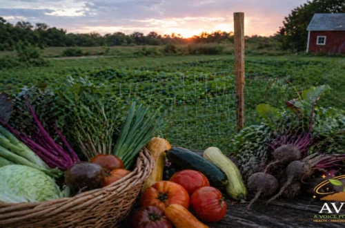 Fresh vegetables from a local farm displayed in a basket at sunset, representing how food sourcing impacts health and nutrient quality