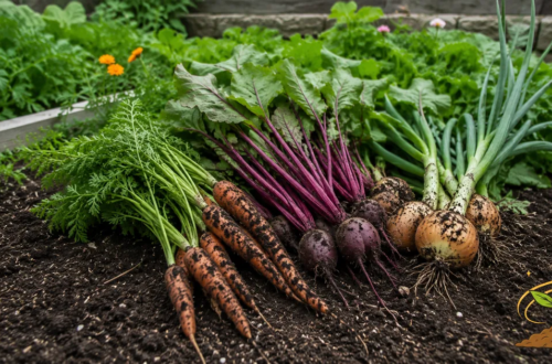 Freshly harvested carrots, beets, and onions resting on dark garden soil, showing how healthy soil supports better food.