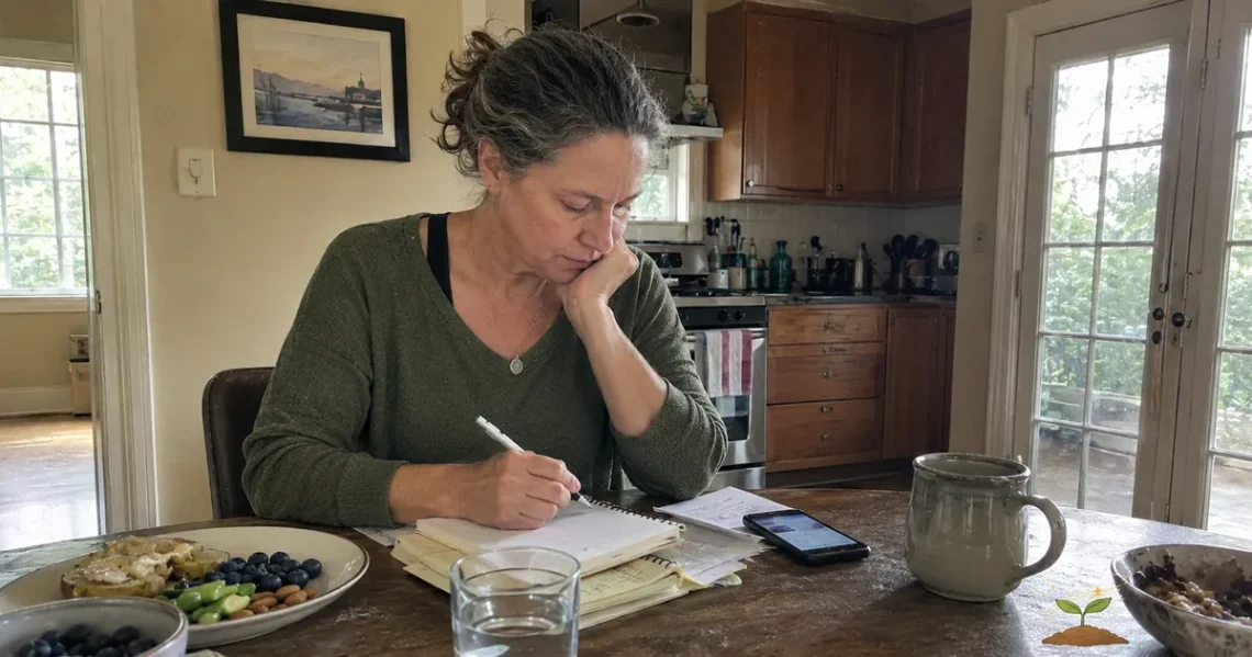 Woman writing in a notebook at a kitchen table with food, water, and a phone while tracking her health signals and daily patterns.
