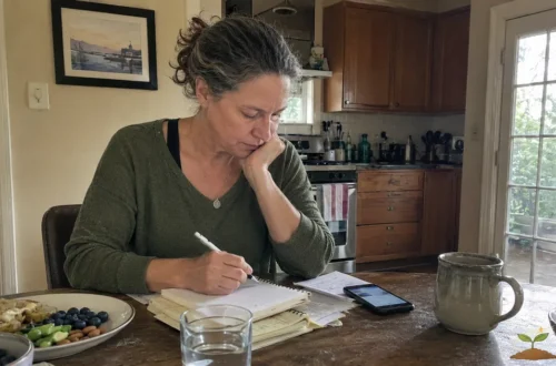 Woman writing in a notebook at a kitchen table with food, water, and a phone while tracking her health signals and daily patterns.