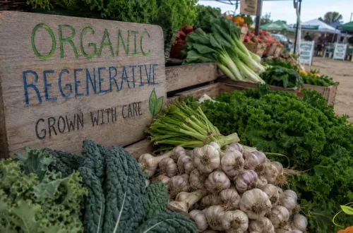 Farmers market display with vegetables and a wooden sign showing organic and regenerative farming practices.