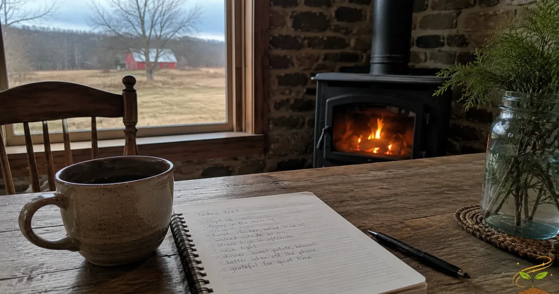 A quiet wooden table with a mug, notebook, pen, and wood stove beside a window overlooking a rural landscape, representing the practice of noticing daily health patterns.