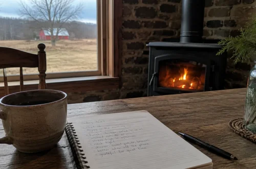 A quiet wooden table with a mug, notebook, pen, and wood stove beside a window overlooking a rural landscape, representing the practice of noticing daily health patterns.