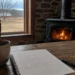 A quiet wooden table with a mug, notebook, pen, and wood stove beside a window overlooking a rural landscape, representing the practice of noticing daily health patterns.