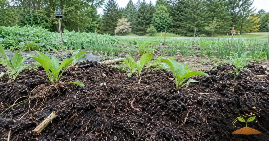 Living garden soil with young plants, roots, and an earthworm showing the quiet life beneath healthy food.