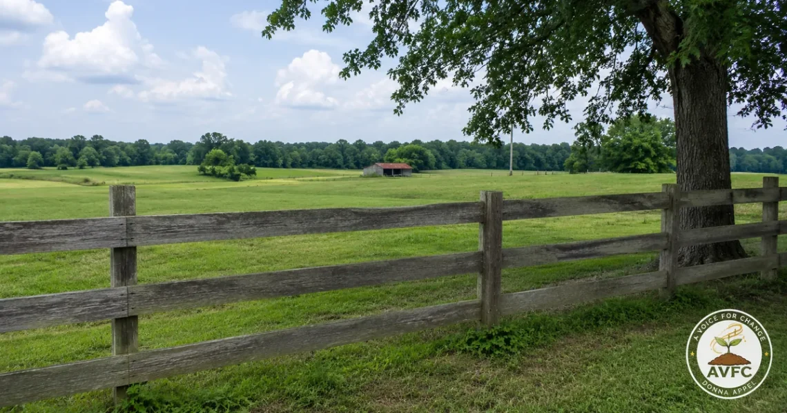 Weathered wooden fence beside a quiet green farmland field with a distant barn and AVFC logo, representing soil history, land stewardship, and rural legacy.