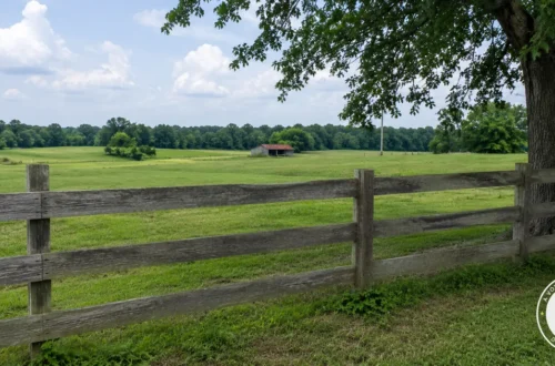 Weathered wooden fence beside a quiet green farmland field with a distant barn and AVFC logo, representing soil history, land stewardship, and rural legacy.