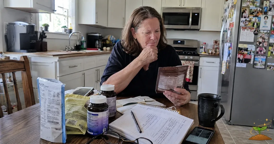 A woman sits at a kitchen table looking confused while comparing food labels, supplement bottles, notes, and health information, showing how conflicting health advice can feel overwhelming.
