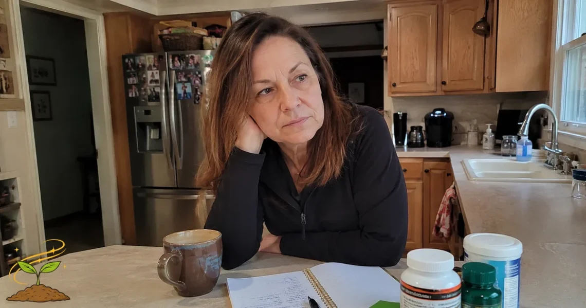Woman leaning at a kitchen counter with a notebook, coffee mug, fruit, and supplement bottles, looking thoughtful as she considers her choices.