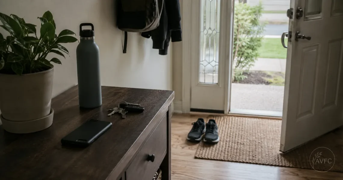 Entryway with walking shoes, water bottle, keys, and phone face-down, representing healthy boundaries, consistency, and daily health choices.