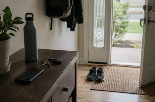 Entryway with walking shoes, water bottle, keys, and phone face-down, representing healthy boundaries, consistency, and daily health choices.