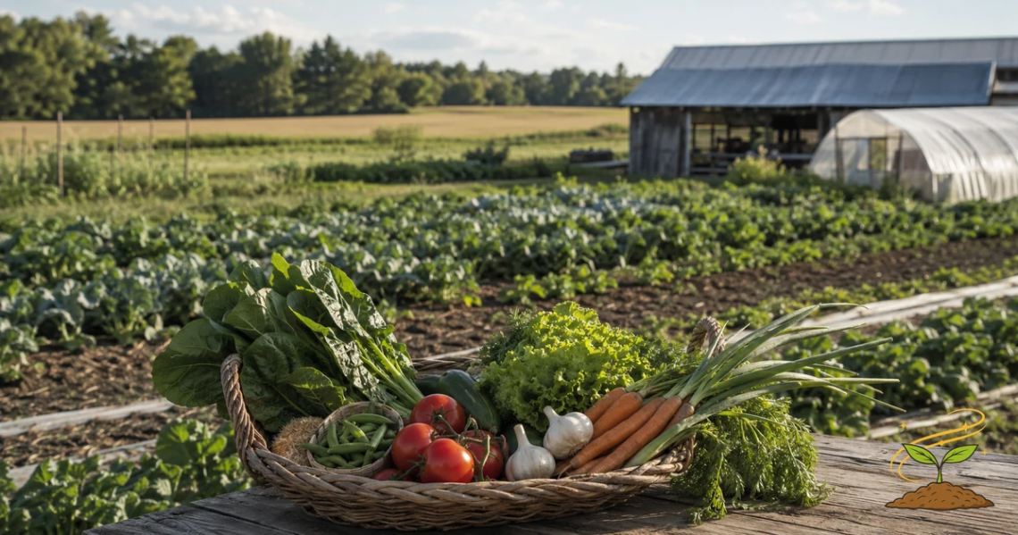 Fresh vegetables in a basket on a farm table with garden rows and small farm buildings in the background, representing food freedom, healthy soil, and local food systems.
