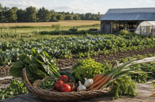 Fresh vegetables in a basket on a farm table with garden rows and small farm buildings in the background, representing food freedom, healthy soil, and local food systems.