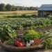 Fresh vegetables in a basket on a farm table with garden rows and small farm buildings in the background, representing food freedom, healthy soil, and local food systems.