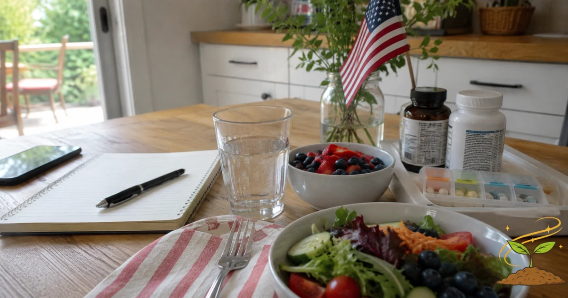 Lightly patriotic kitchen table scene with healthy food, water, supplements, a notebook, and a small American flag representing health independence at home.