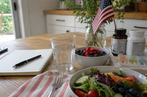 Lightly patriotic kitchen table scene with healthy food, water, supplements, a notebook, and a small American flag representing health independence at home.