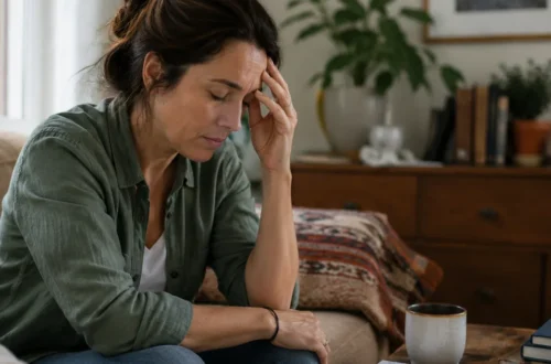 Woman sitting at home with notes after feeling dismissed about real health symptoms