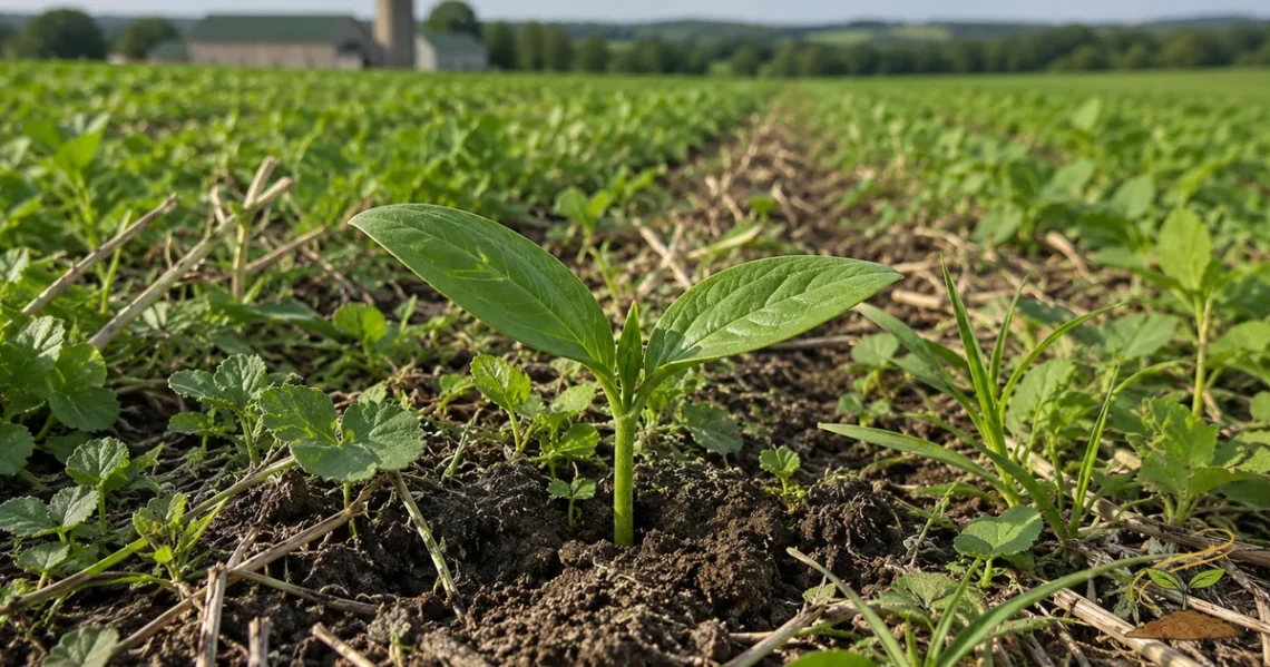 Close-up view of a young green plant growing in healthy soil with cover crops, crop residue, and a farm field in the background.