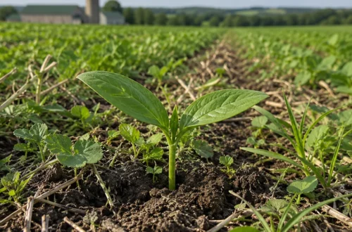 Close-up view of a young green plant growing in healthy soil with cover crops, crop residue, and a farm field in the background.