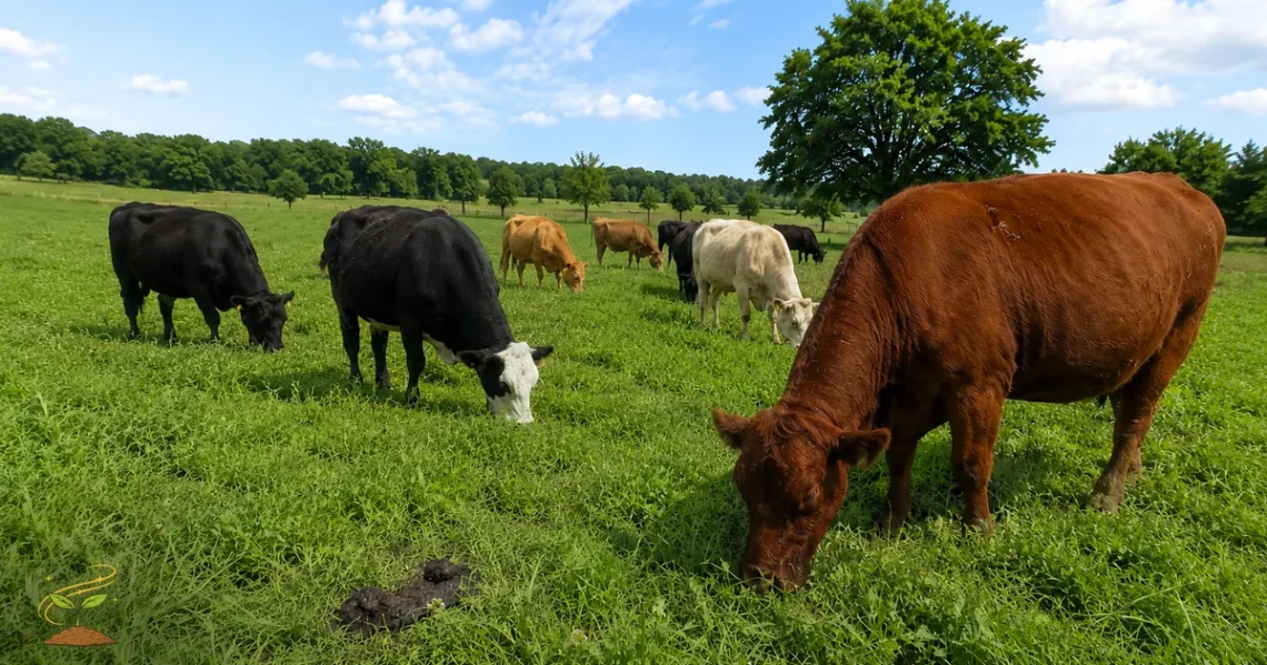Cows grazing in a green pasture showing how regenerative grazing can support soil health and ecosystem balance.
