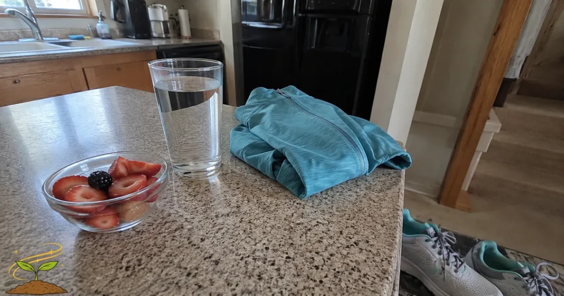A simple kitchen counter with water, fresh fruit, a walking jacket, and sneakers representing steady healthy habits.