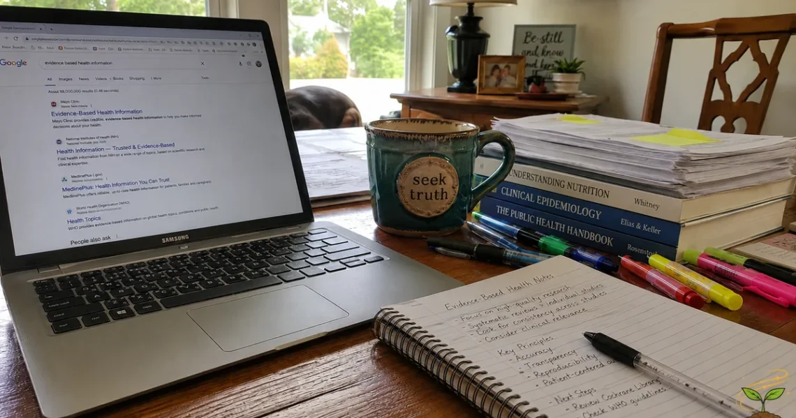 A realistic home office desk with a laptop showing health research results, handwritten notes, books, pens, highlighters, a mug, and the AVFC logo in the bottom corner.