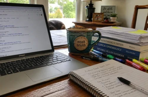 A realistic home office desk with a laptop showing health research results, handwritten notes, books, pens, highlighters, a mug, and the AVFC logo in the bottom corner.