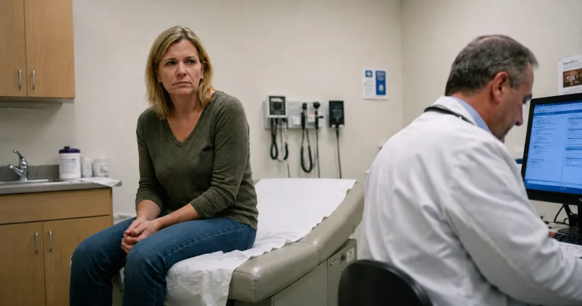 A concerned woman sits on an exam table in a doctor’s office while a doctor works at a computer, reflecting the frustration many patients feel when symptoms are treated without deeper root cause questions.