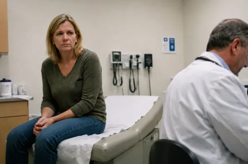 A concerned woman sits on an exam table in a doctor’s office while a doctor works at a computer, reflecting the frustration many patients feel when symptoms are treated without deeper root cause questions.