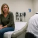 A concerned woman sits on an exam table in a doctor’s office while a doctor works at a computer, reflecting the frustration many patients feel when symptoms are treated without deeper root cause questions.