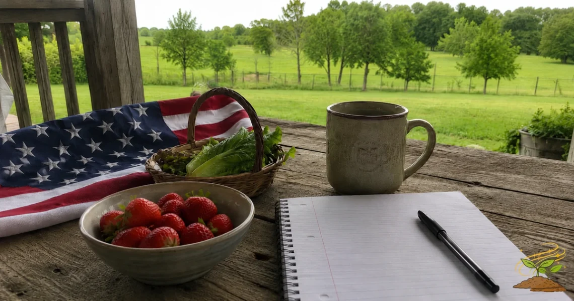 A casual porch table with fresh strawberries, greens, a notebook, coffee mug, and a folded American flag overlooking green countryside.