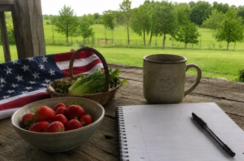 A casual porch table with fresh strawberries, greens, a notebook, coffee mug, and a folded American flag overlooking green countryside.