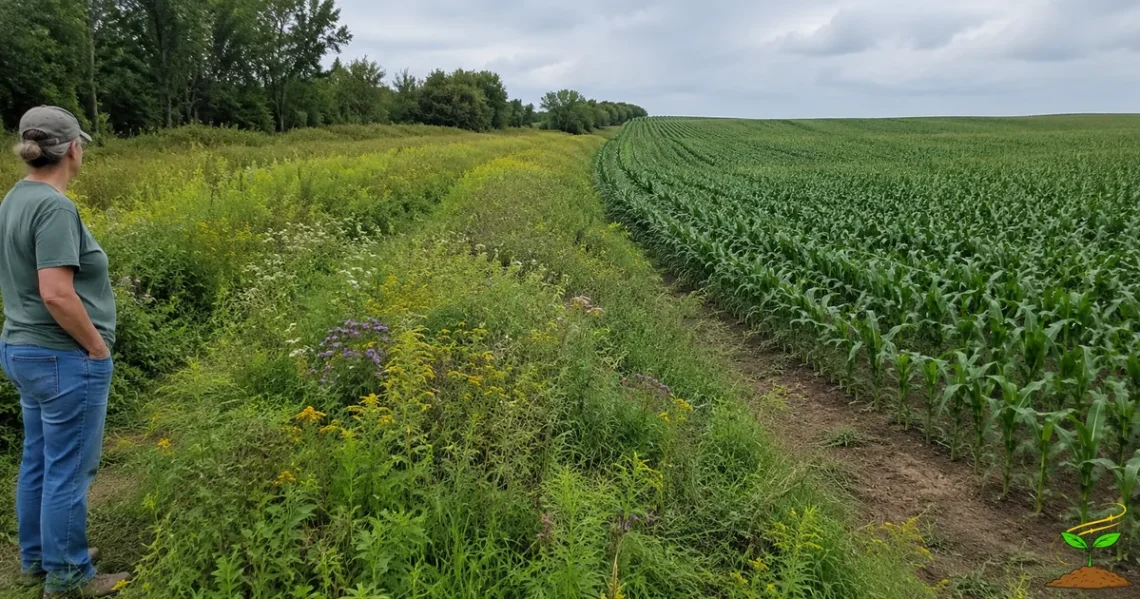 Woman standing beside a diverse wildflower buffer next to a uniform crop field, showing the contrast between biodiversity and monocropping.