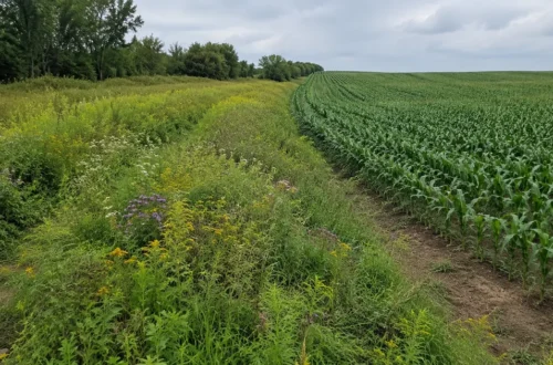 Woman standing beside a diverse wildflower buffer next to a uniform crop field, showing the contrast between biodiversity and monocropping.