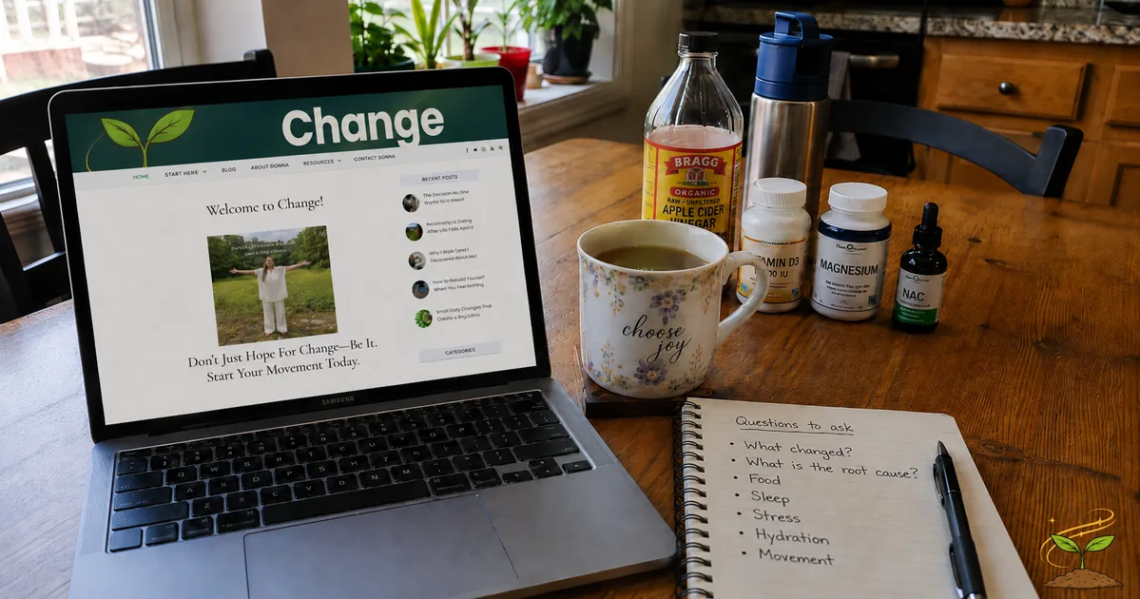 Kitchen table workspace with a laptop showing the A Voice For Change homepage, health supplements, tea, and a notebook with questions about root causes.