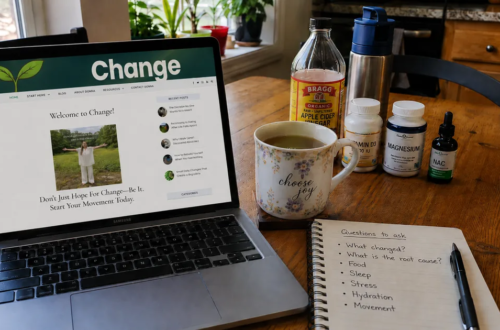 Kitchen table workspace with a laptop showing the A Voice For Change homepage, health supplements, tea, and a notebook with questions about root causes.