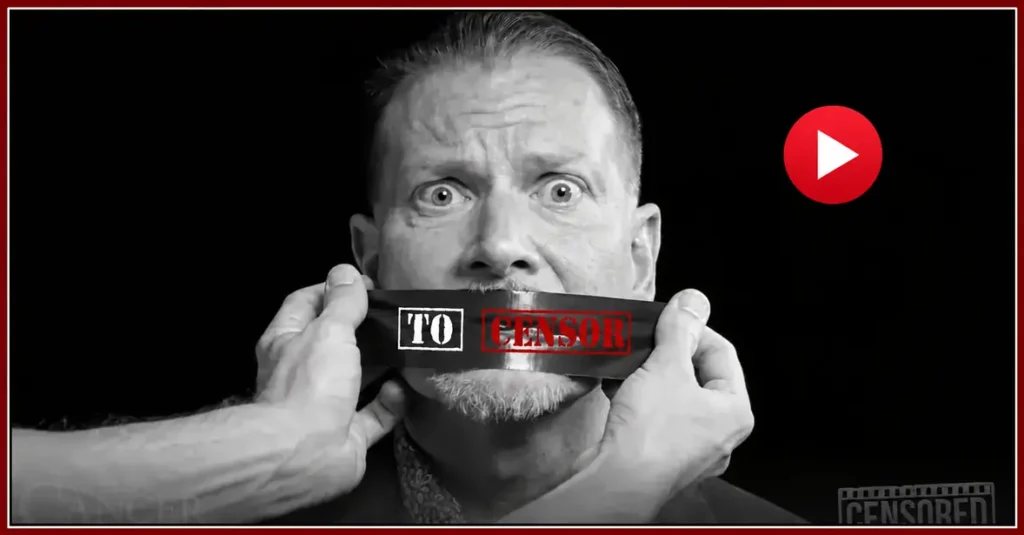 Black-and-white image of a man with tape over his mouth reading “TO CENSOR” from the CENSORED documentary.