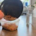 Everyday kitchen scene showing warm food placed in plastic beside a water bottle and household spray, representing endocrine disruptor exposure.