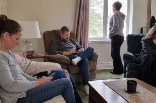 Four adults sitting together in a living room while looking at phones or away from one another, representing feeling disconnected.