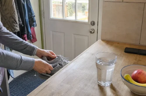 Woman placing walking shoes near the door beside water and fresh fruit while building healthier daily habits.