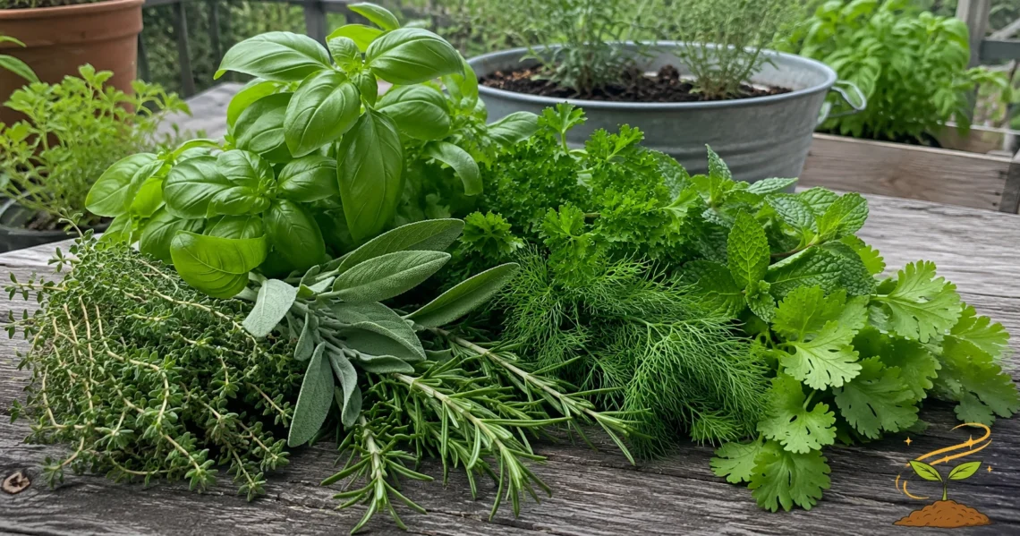 Fresh herbs including basil, rosemary, sage, thyme, mint, dill, parsley, and cilantro arranged on a rustic wooden table for Donna Appel’s article on real food and healing herbs.
